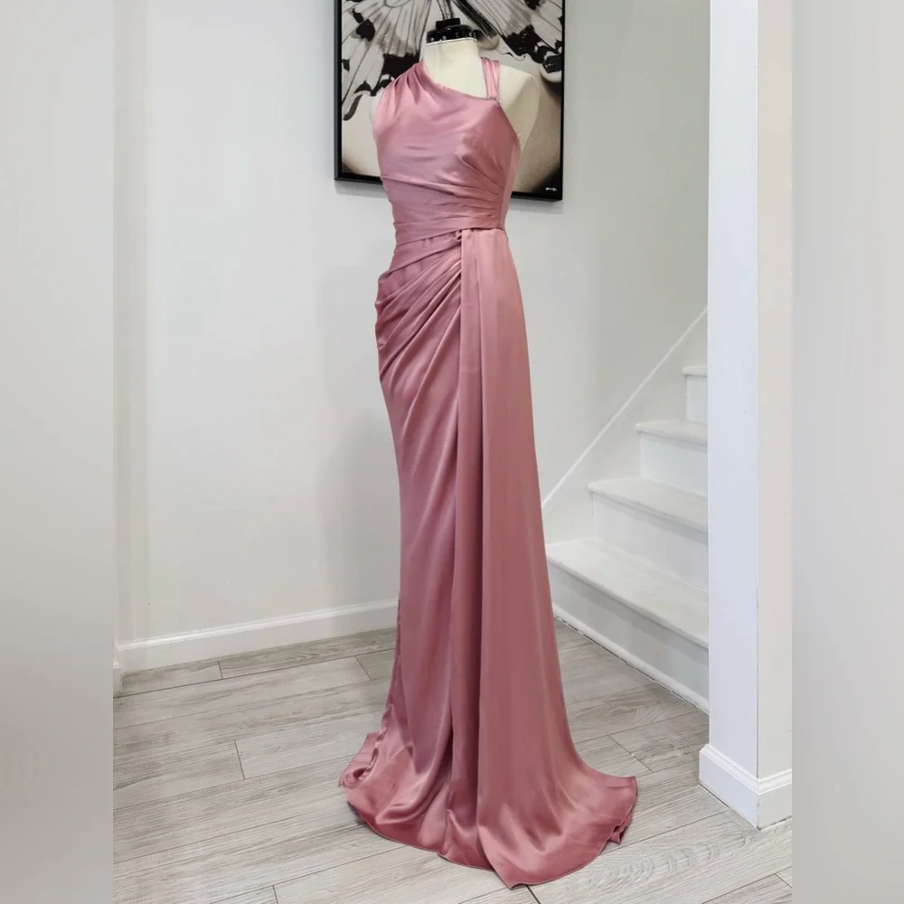 Zuhair Murad Asymmetric Draped Satin Gown Pink Maxi Dress